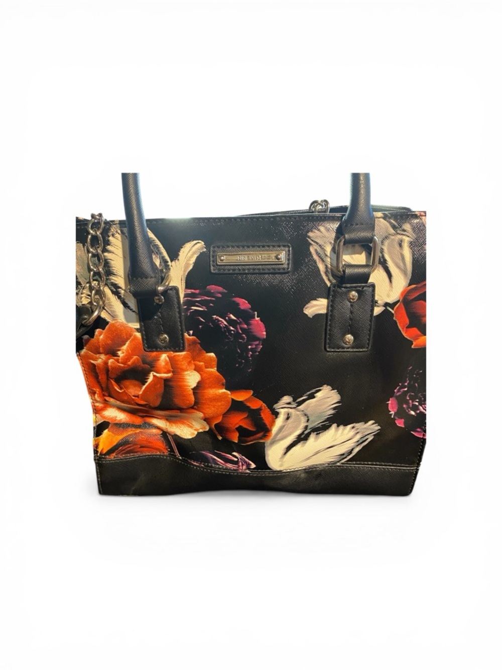 Floral Print Shoulder Tote Bag - Black with Orange & Cream Blooms